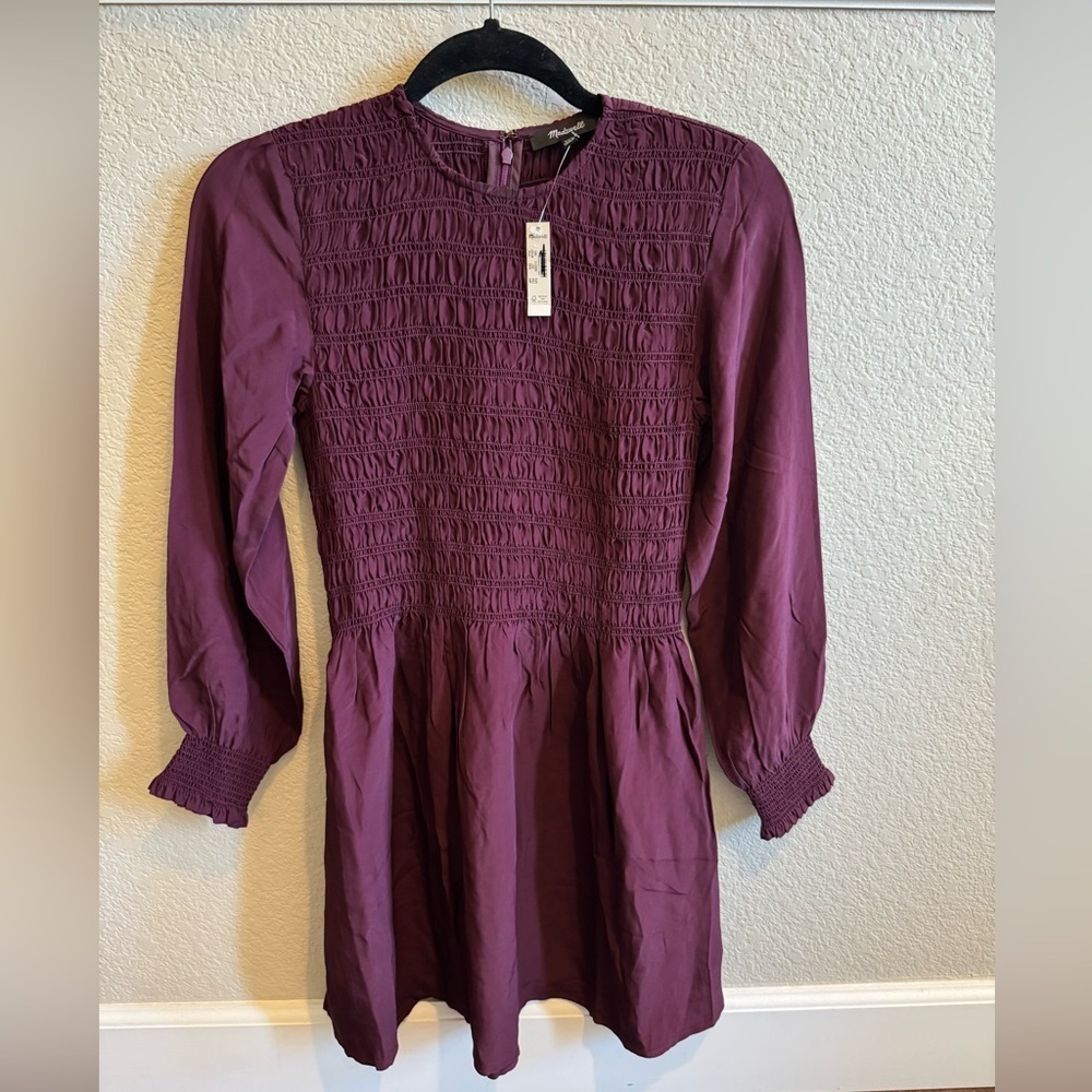 NWT Madewell Long-Sleeved Smocked Mini Dress Size XXS Dark Pomegranate - Picture 5 of 7